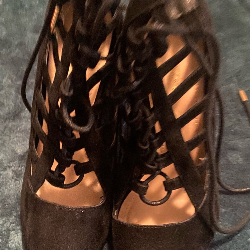 Black, faux velvet, pointy toe, high heels